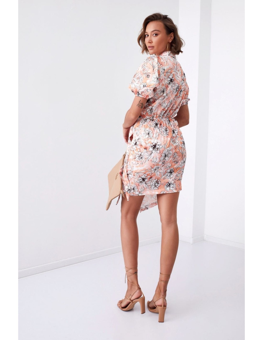 Floral print wrap dress with collar, light orange FG638 - Online store - Boutique